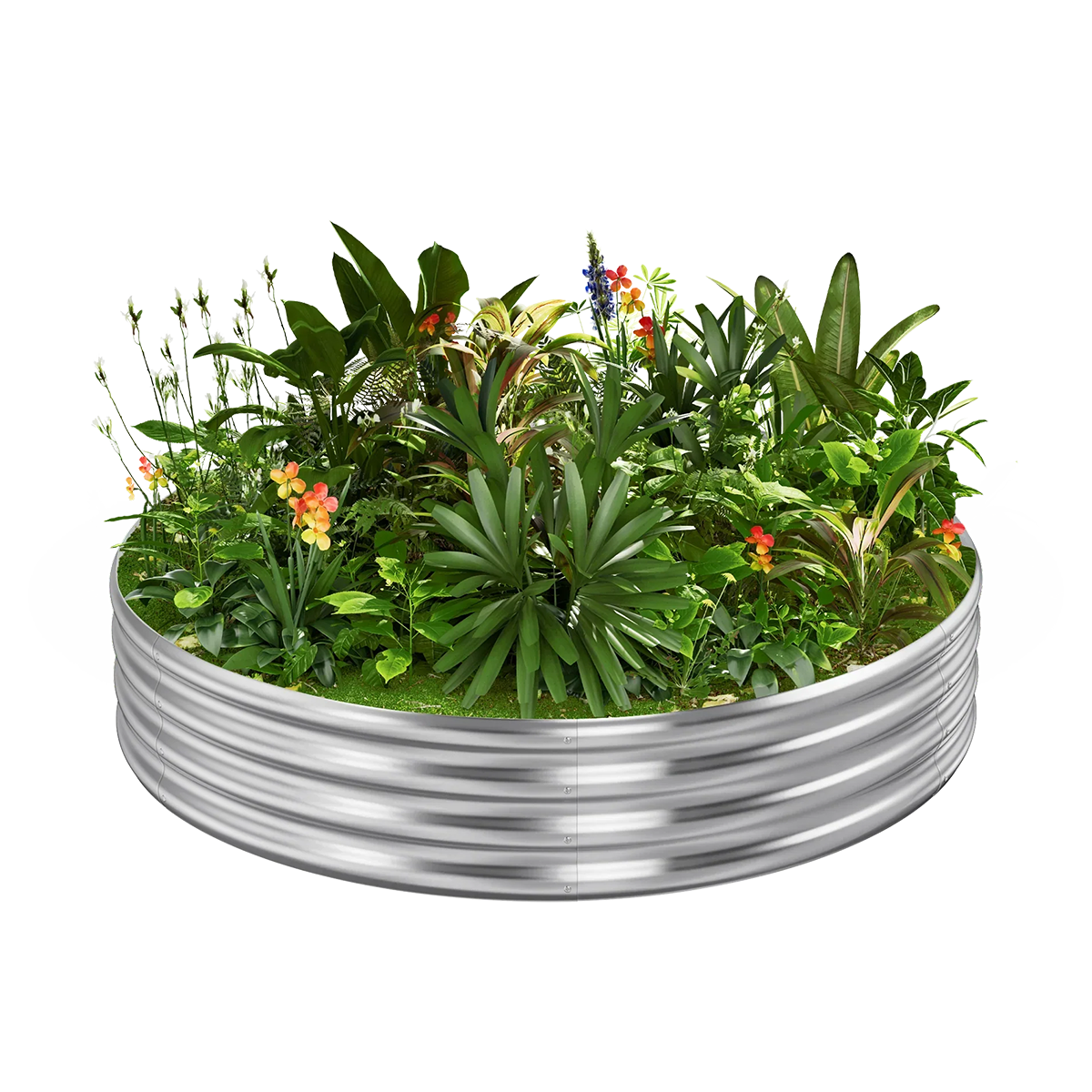 12-inch tall round galvanized metal raised garden bed, 4 feet in diameter