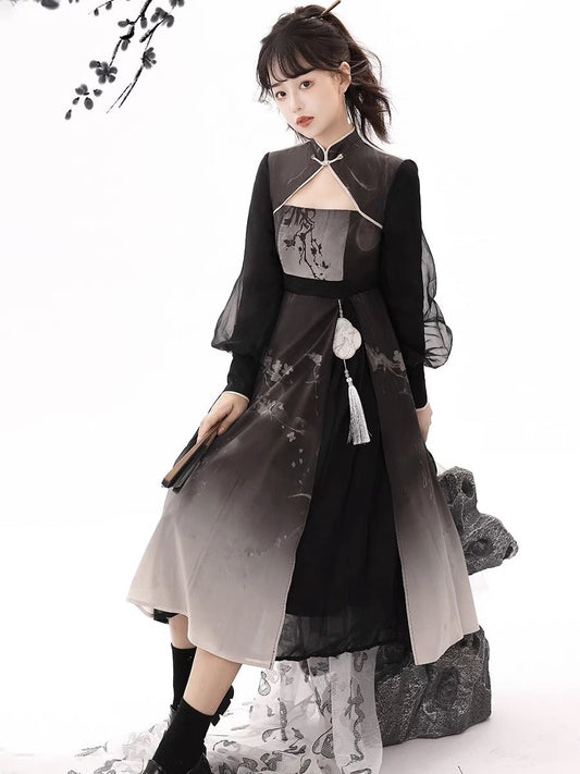 Sliver Modern Ming Style Hanfu Midi Dress