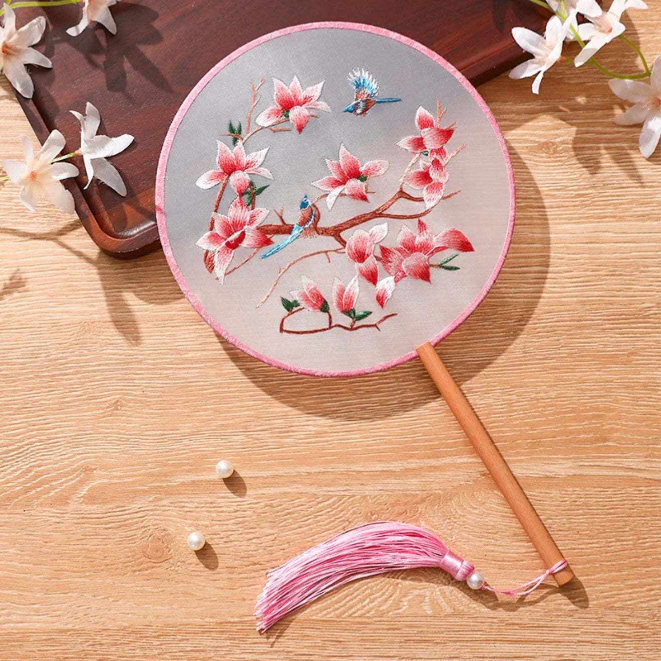 Red Blooms Hand Fan