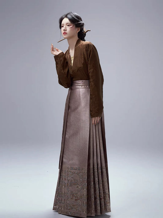 Mocha Modern Ming Style Mamian Skirt Hanfu