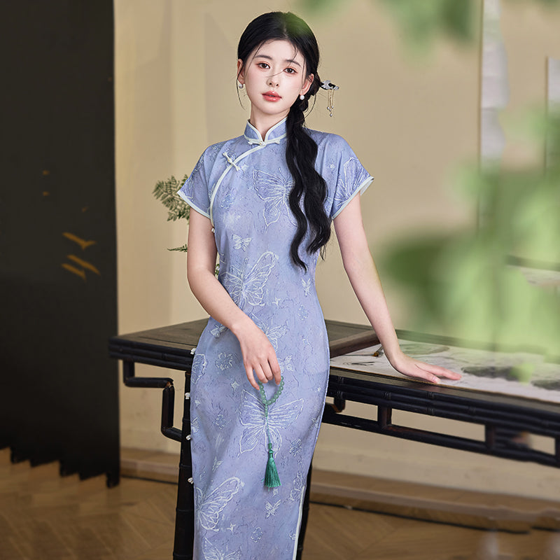 Acacia Butterfly - Short Sleeve Purple Long Cheongsam