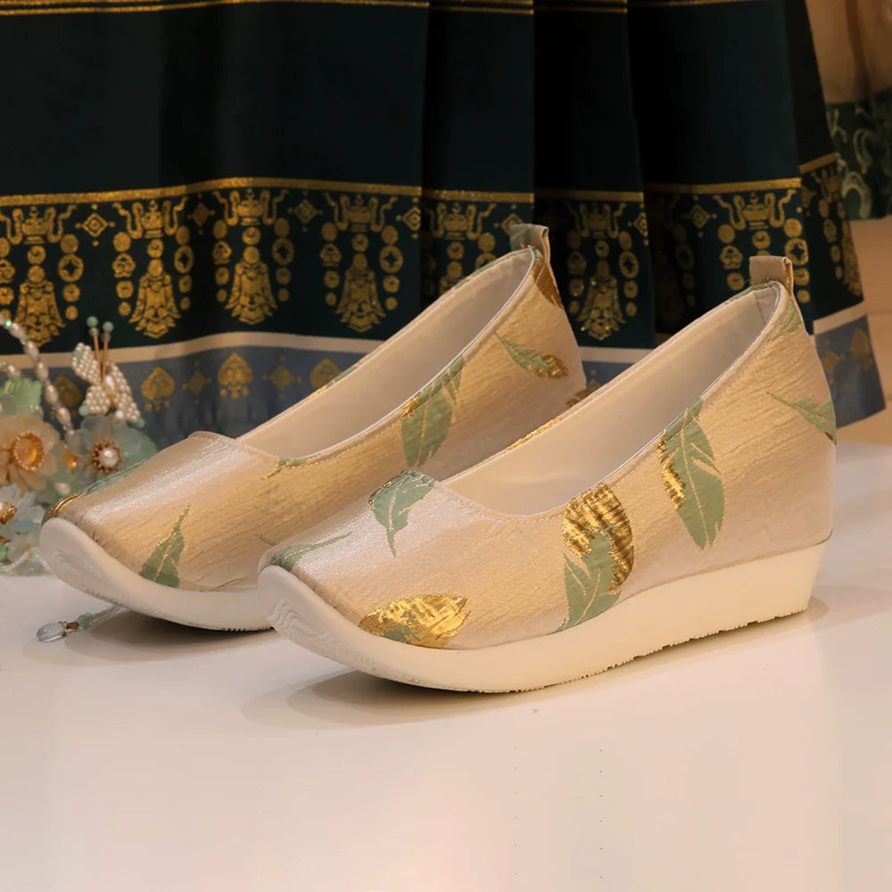 Golden Jade Leaf - Traditional Satin Shoes for Hanfu
