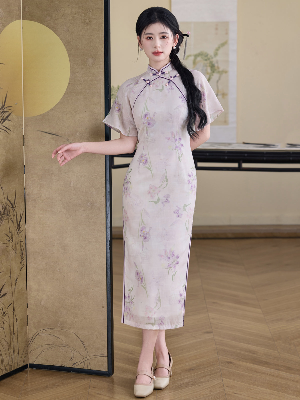 Shuangxi 双栖 - Tencel Flare Sleeve Purple Midi Cheongsam