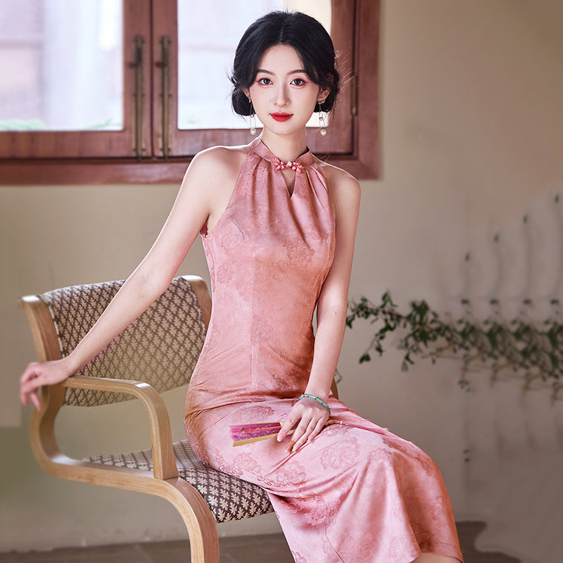 The Beauty - Pink Halter Neck Midi Cheongsam