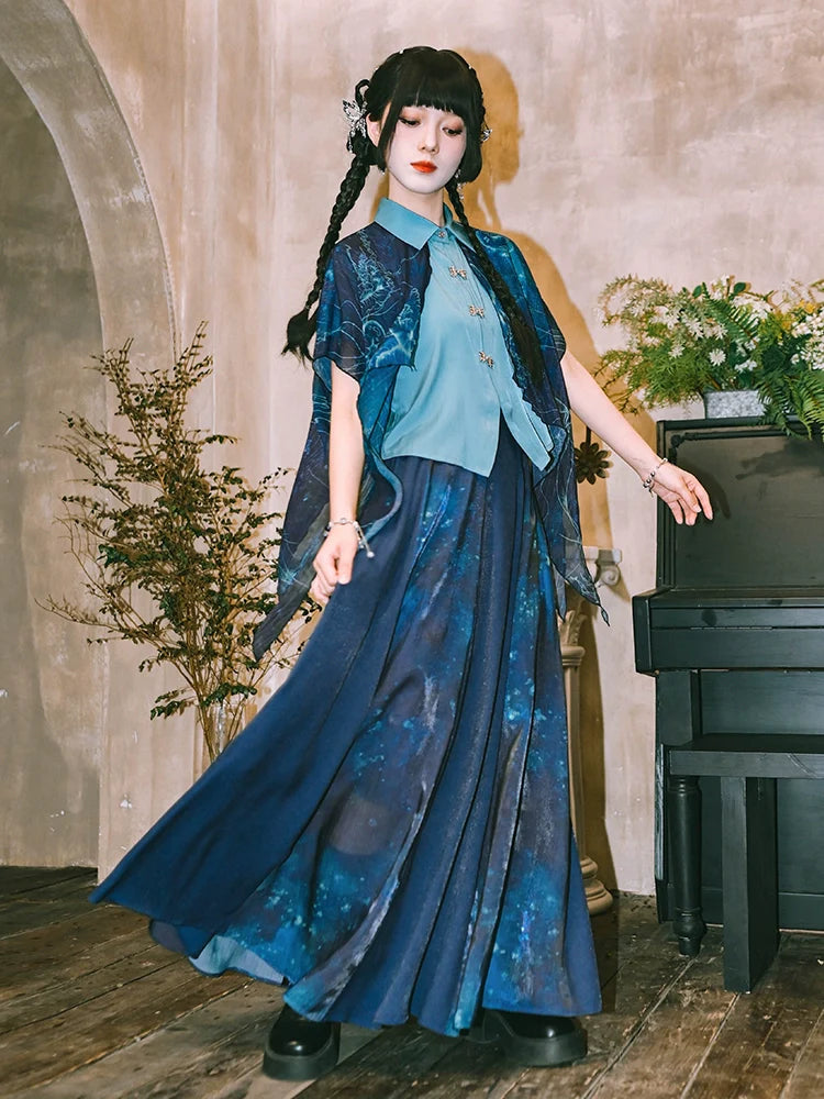 Floating Glow Top 蓝界浮荧 - New Chinese Double Chiffon Cotton Shirt