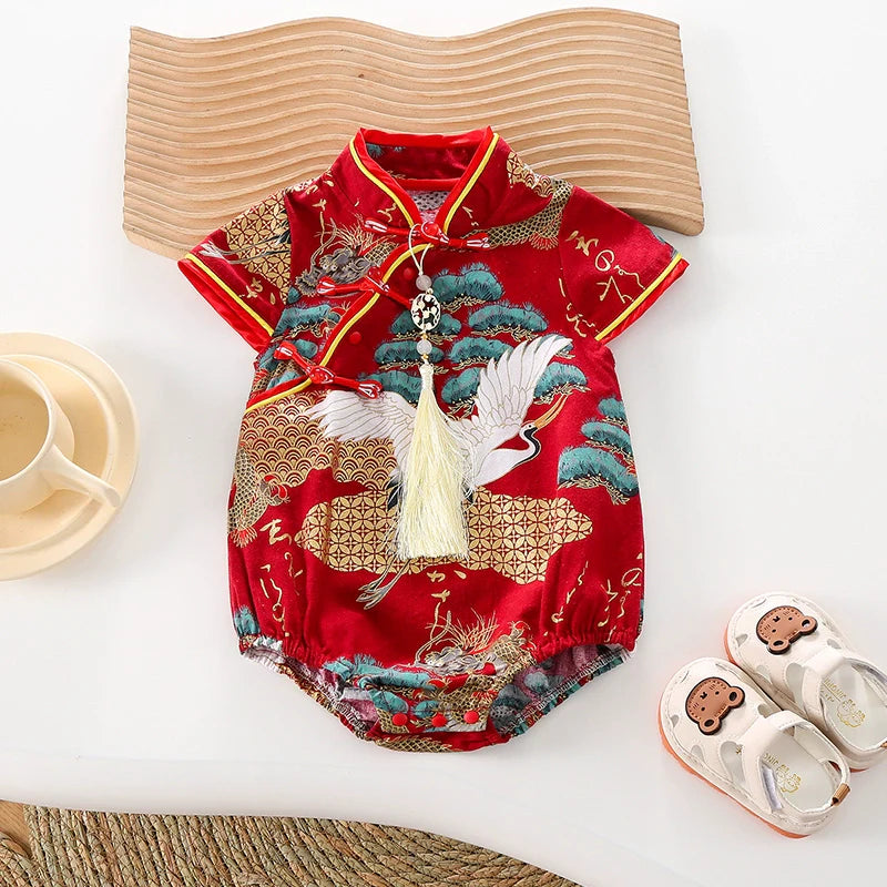 Oriental Crane - Cheongsam Style Baby Onesies for Girls