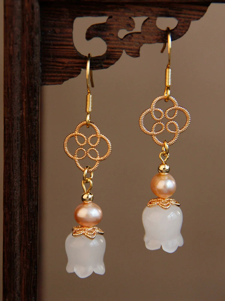 White Jade Lily Chinese Style Earrings