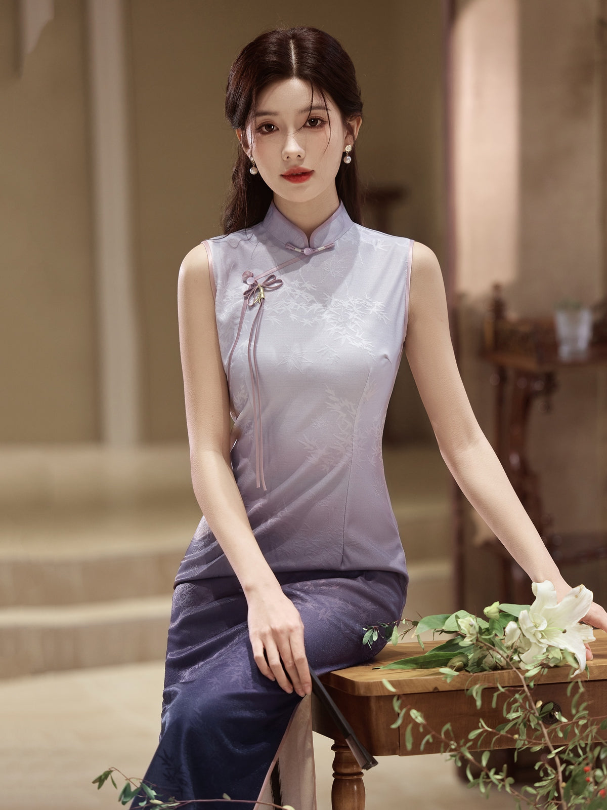 Lilac Mint - Sleeveless Purple Midi Cheongsam