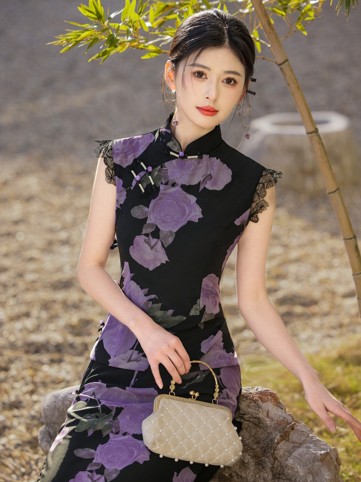 Mysterious Rose - Sleeveless Floral Purple Long Cheongsam