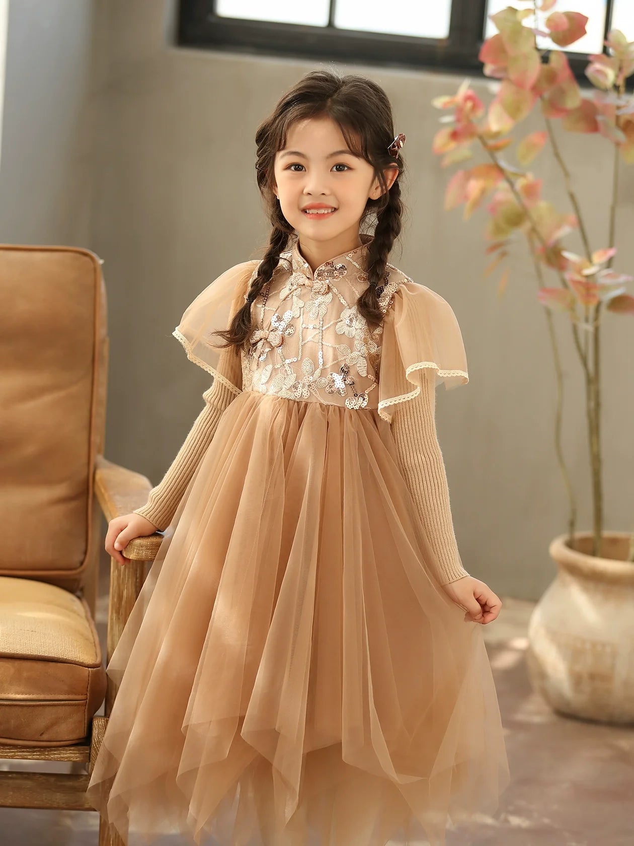 Latte - New Chinese Style Cheongsam for Girls