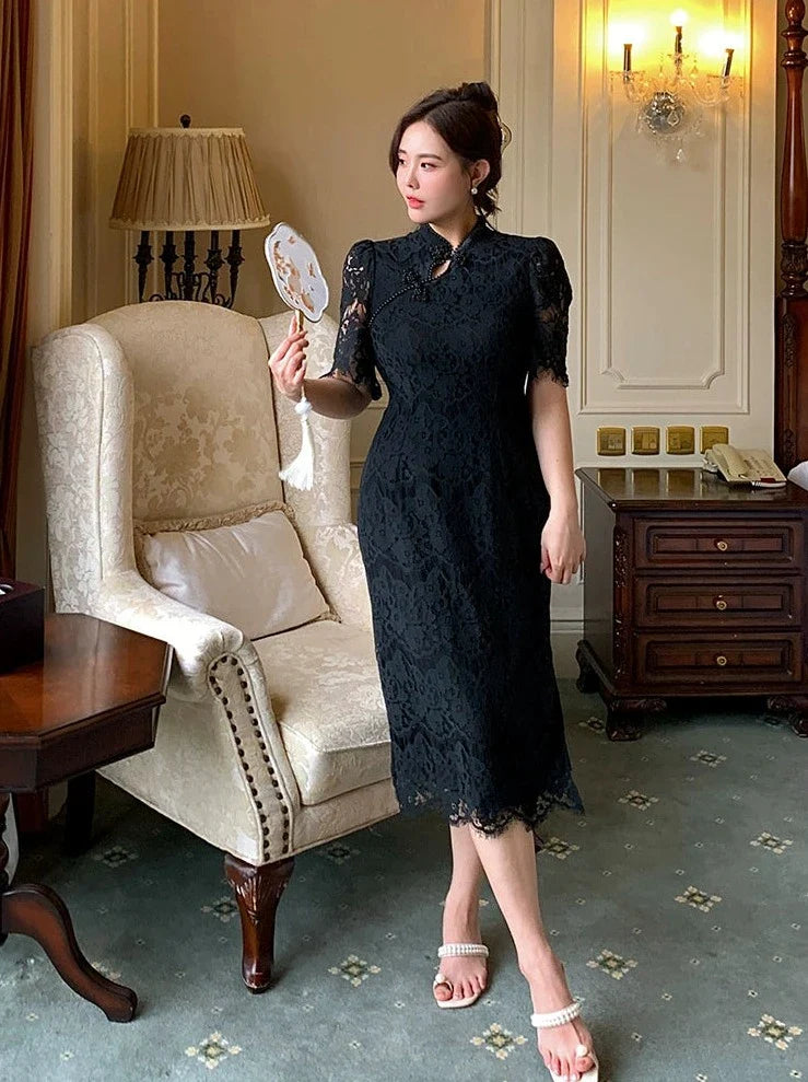 Short Sleeve Lace Cheongsam Dress, Whispers 林莺絮语