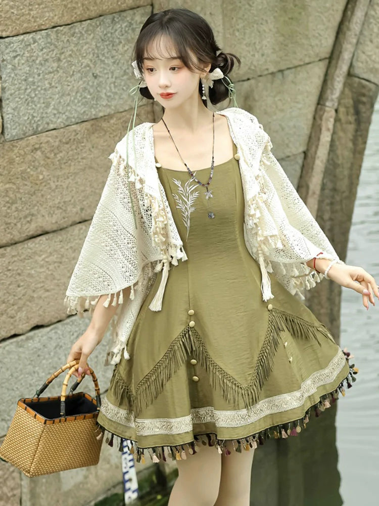 Qi Lolita Ming Dynasty Hanfu Cottage Inspired Dress, Rusty Green