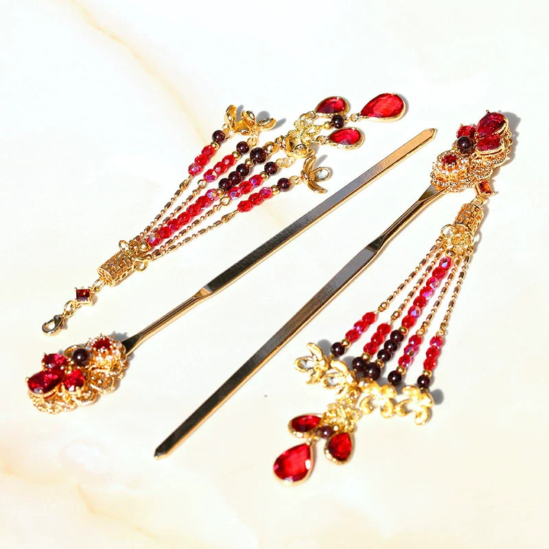 Long Tassels Hair Pin: Glazed Ruby