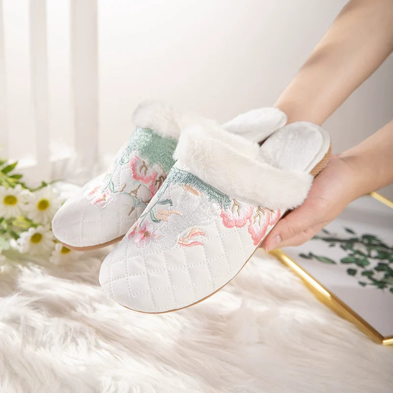 Jasmine - Embroidered Qipao Slip-On Furry Shoes