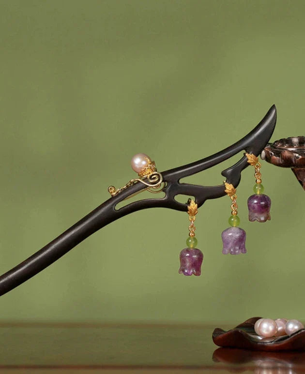Ebony Hair Stick: Three Lilies