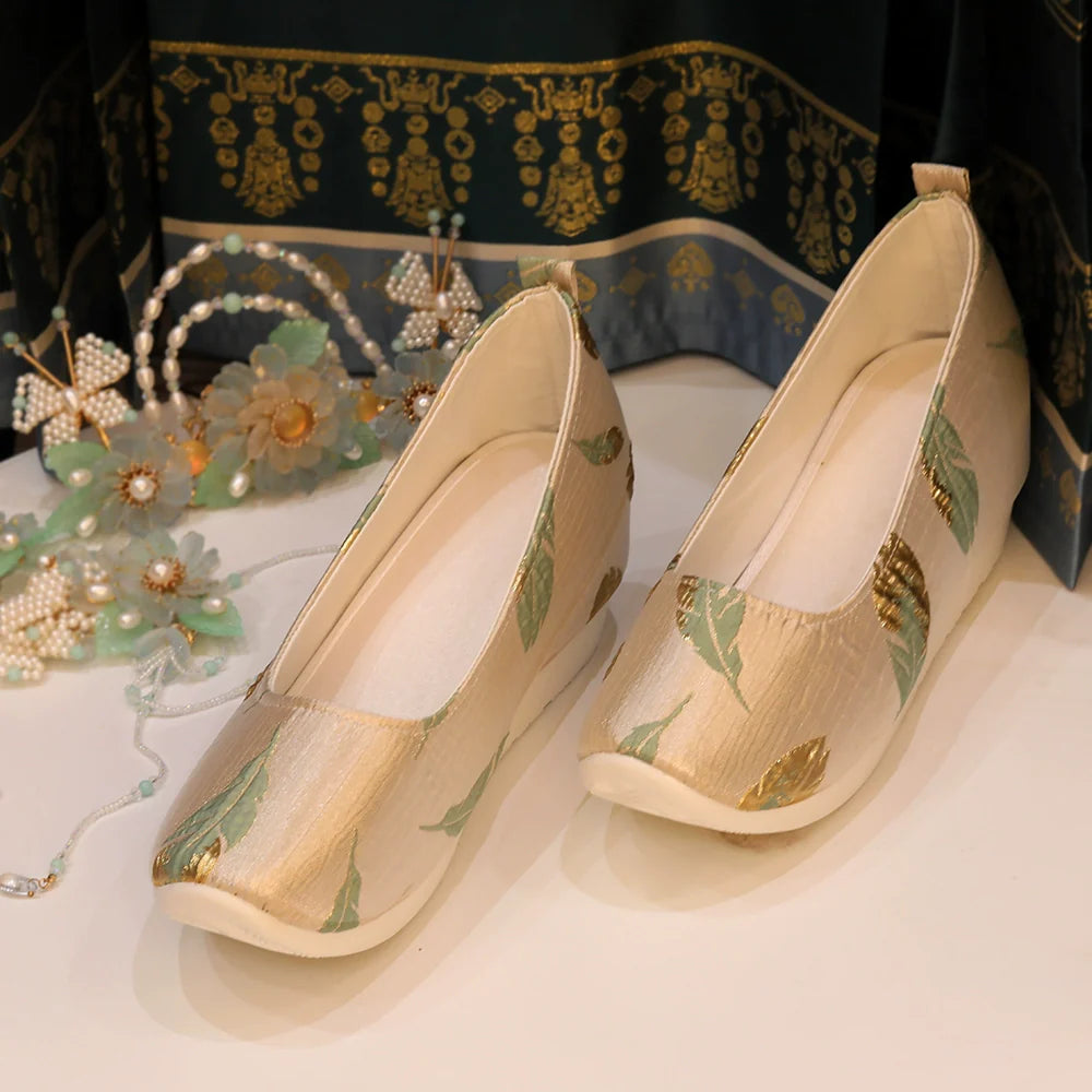 Golden Jade Leaf - Traditional Satin Shoes for Hanfu