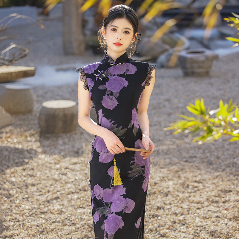Mysterious Rose - Sleeveless Floral Purple Long Cheongsam