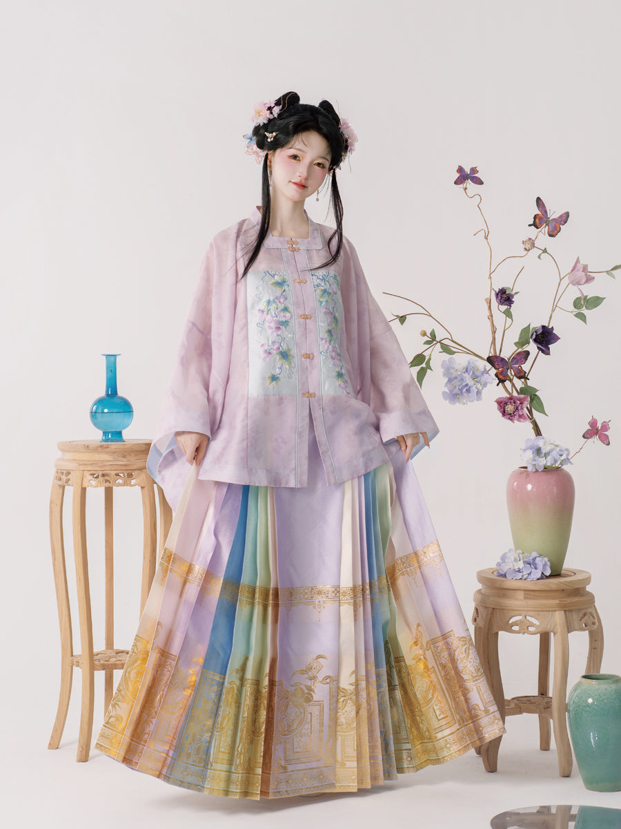 Twilight Rainbow 暮见虹雪 - Pipa Sleeve Top & Mamianqun Ming Dynasty Hanfu Set (Preorder)