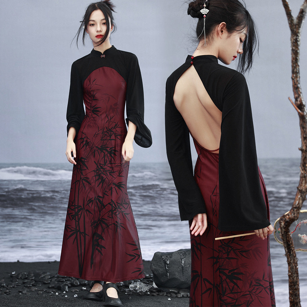 Garnet - Women's Summer New Chinese Style Halter Neck Cheongsam Dress
