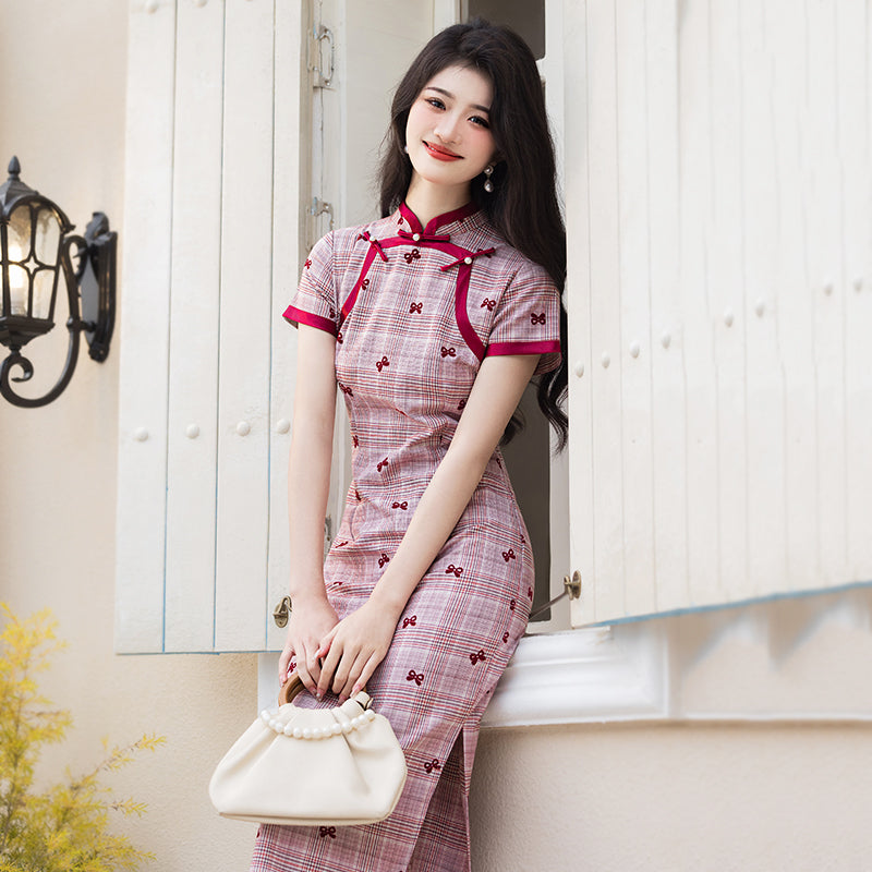 Red Bows - Short Sleeve Midi Cheongsam