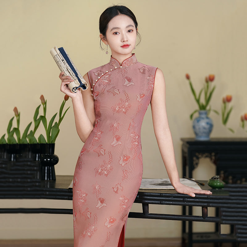 Fenghua Juedai 风华绝代 - Sleeveless Dusty Pink Long Cheongsam