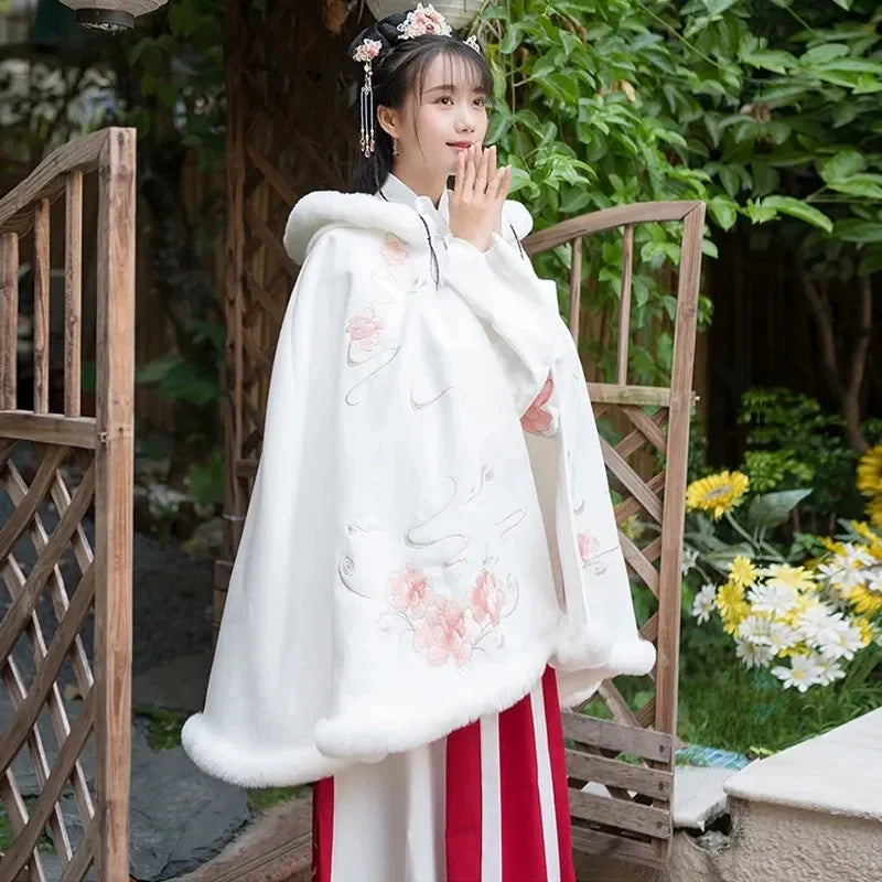 Flowers - Plus-size Hooded Fleece Cloak for Hanfu