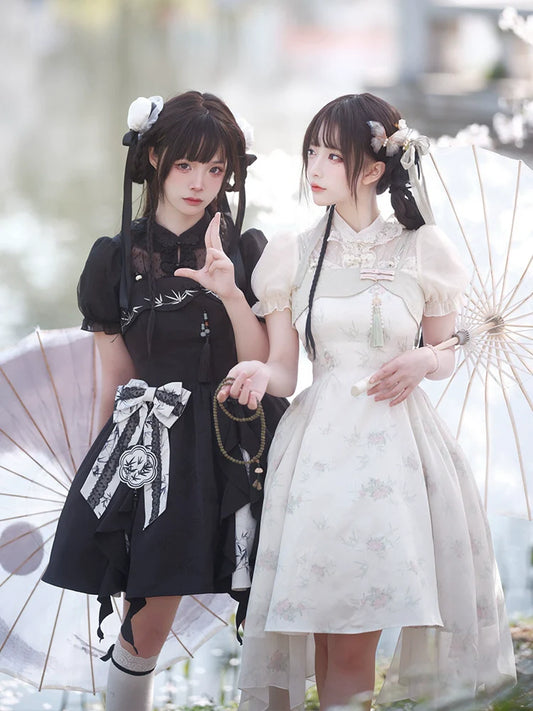 Qi Lolita Cheongsam Inspired Puff Sleeve, Sleeping Bamboo 竹隐花眠