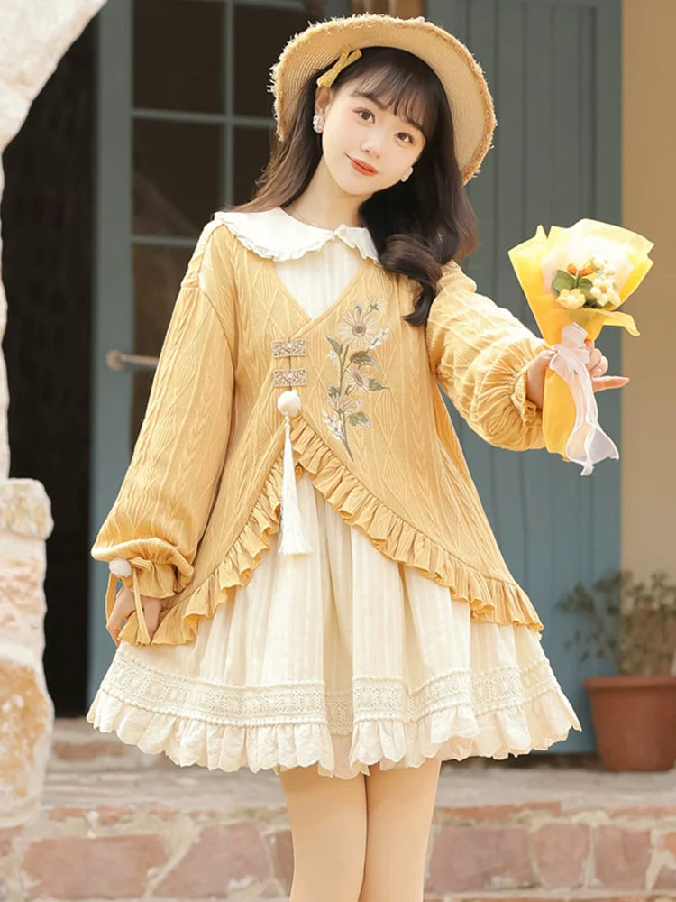 Qi Lolita Ming Dynasty Hanfu Cottage Inspired Outfit, Sunflower