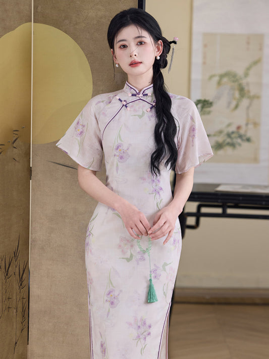 Shuangxi 双栖 - Tencel Flare Sleeve Purple Midi Cheongsam