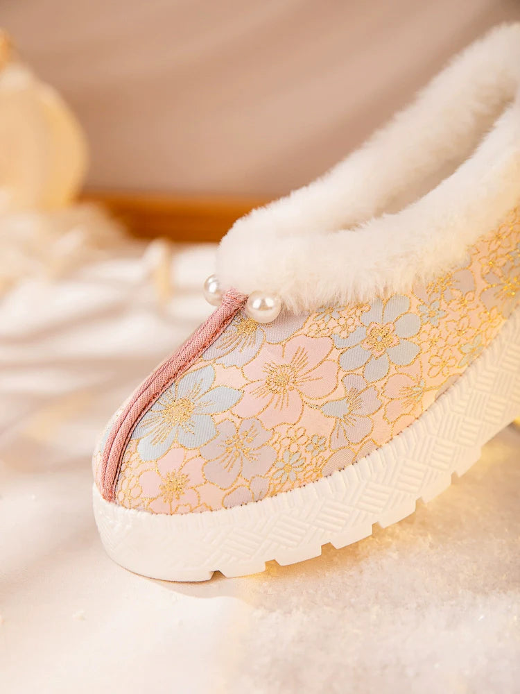 Mila - Furry Brocade Hanfu Shoes for Winter