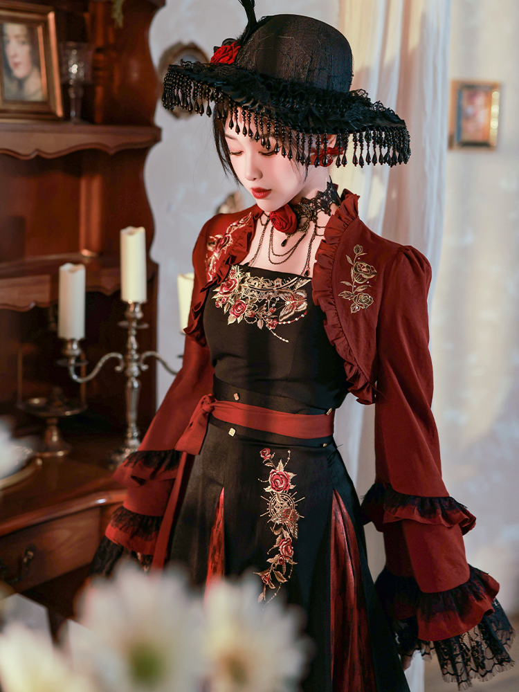 Night Earl 夜伯爵 - Dark Qi Lolita Black Lace Chinese Style Outfit (Preorder)