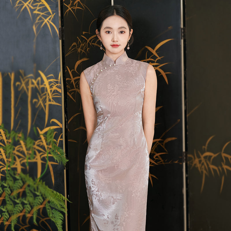 Linglong Heart 玲珑心语 - Sleeveless Satin Pink Long Cheongsam