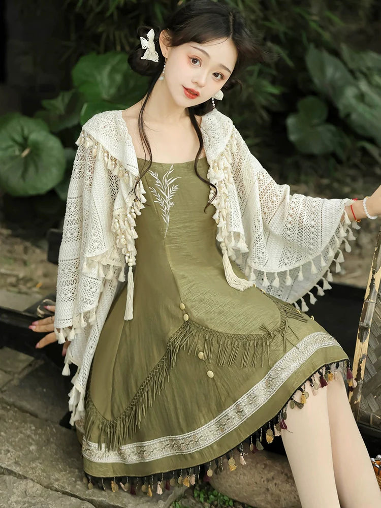 Qi Lolita Ming Dynasty Hanfu Cottage Inspired Dress, Rusty Green