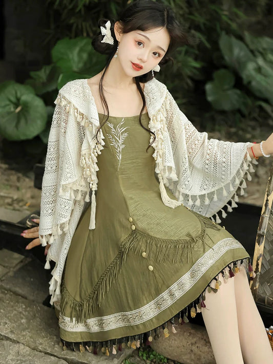 Qi Lolita Ming Dynasty Hanfu Cottage Inspired Dress, Rusty Green