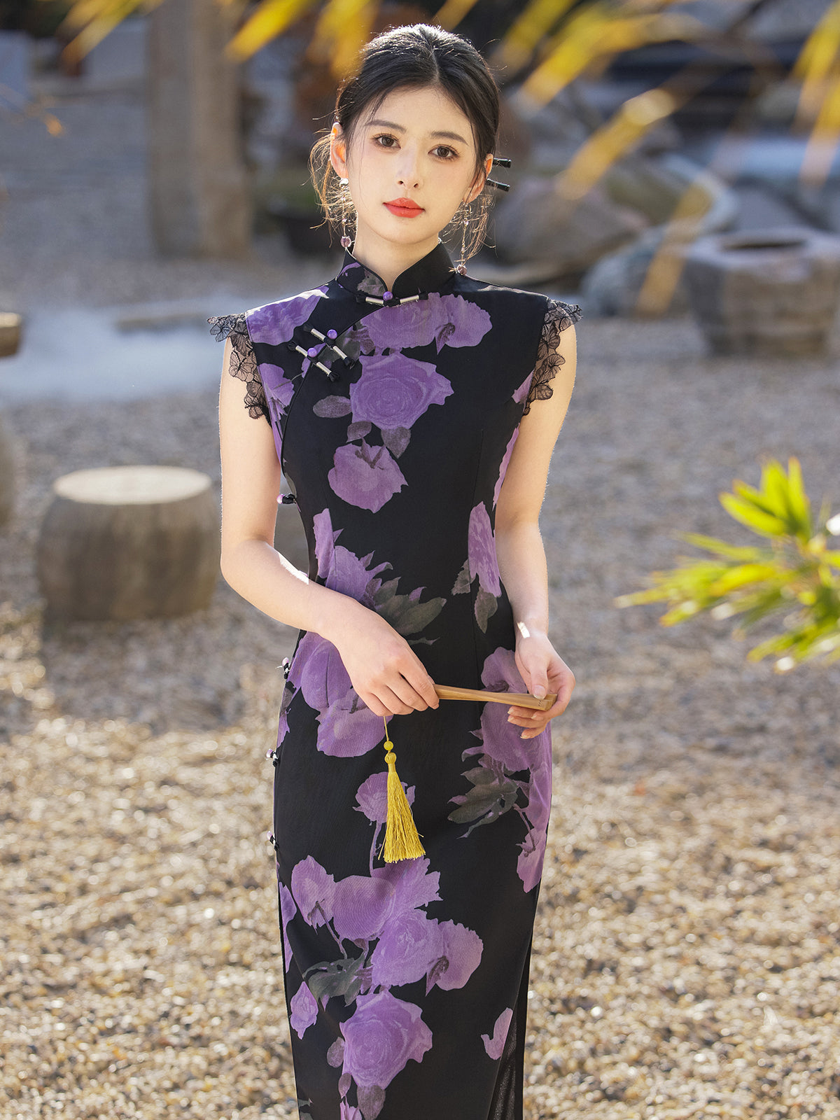 Mysterious Rose - Sleeveless Floral Purple Long Cheongsam