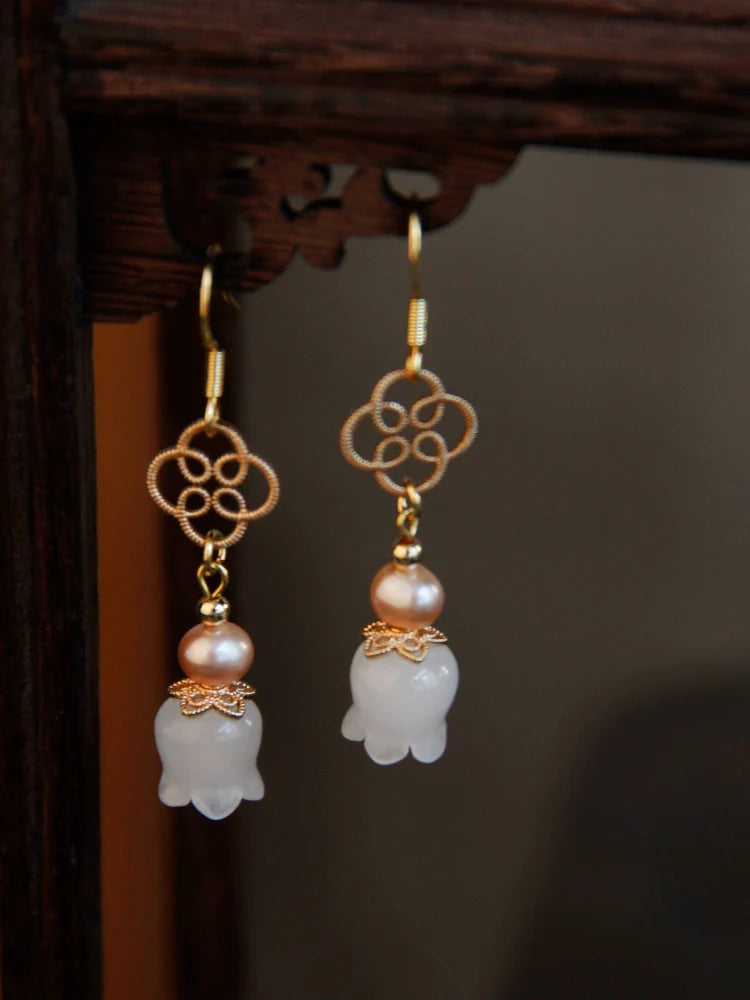 White Jade Lily Chinese Style Earrings