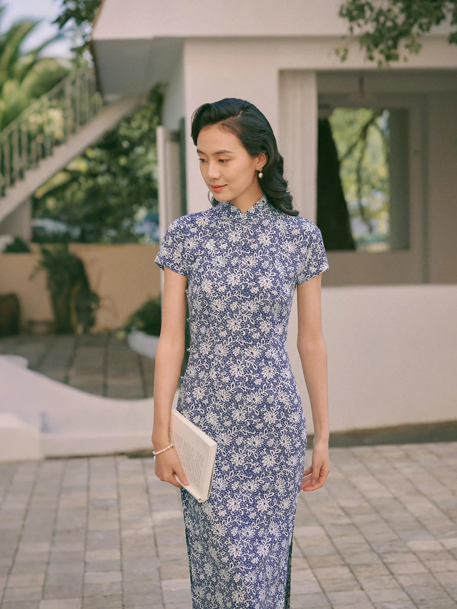 Porcelain Strands 瓷缕 - Cotton Short Sleeves Mid Length Retro Cheongsam (Preorder)