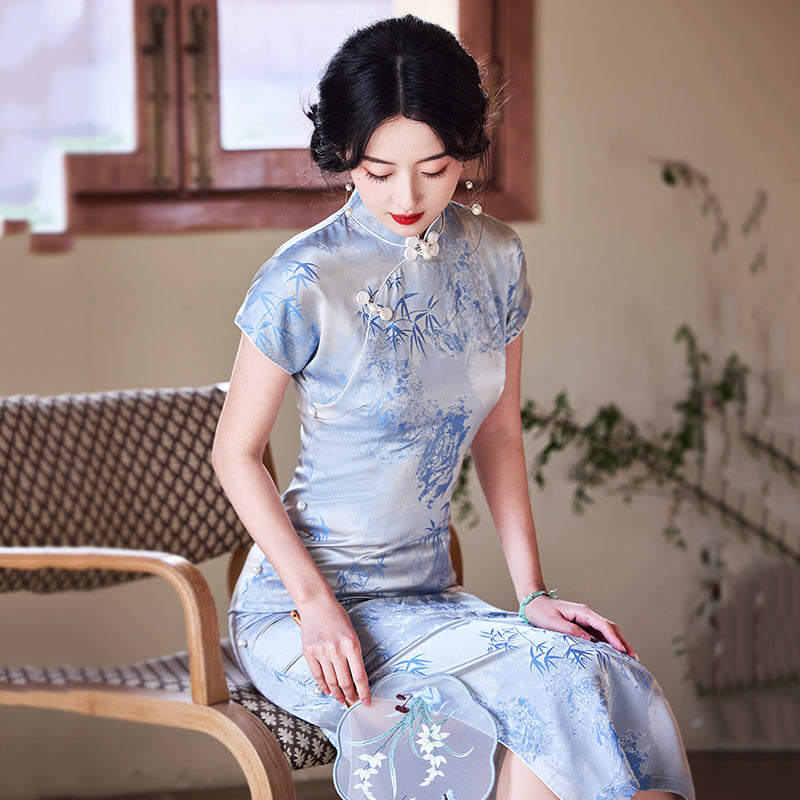 Indigo Iris - Short Sleeve Blue Bamboo Midi Cheongsam