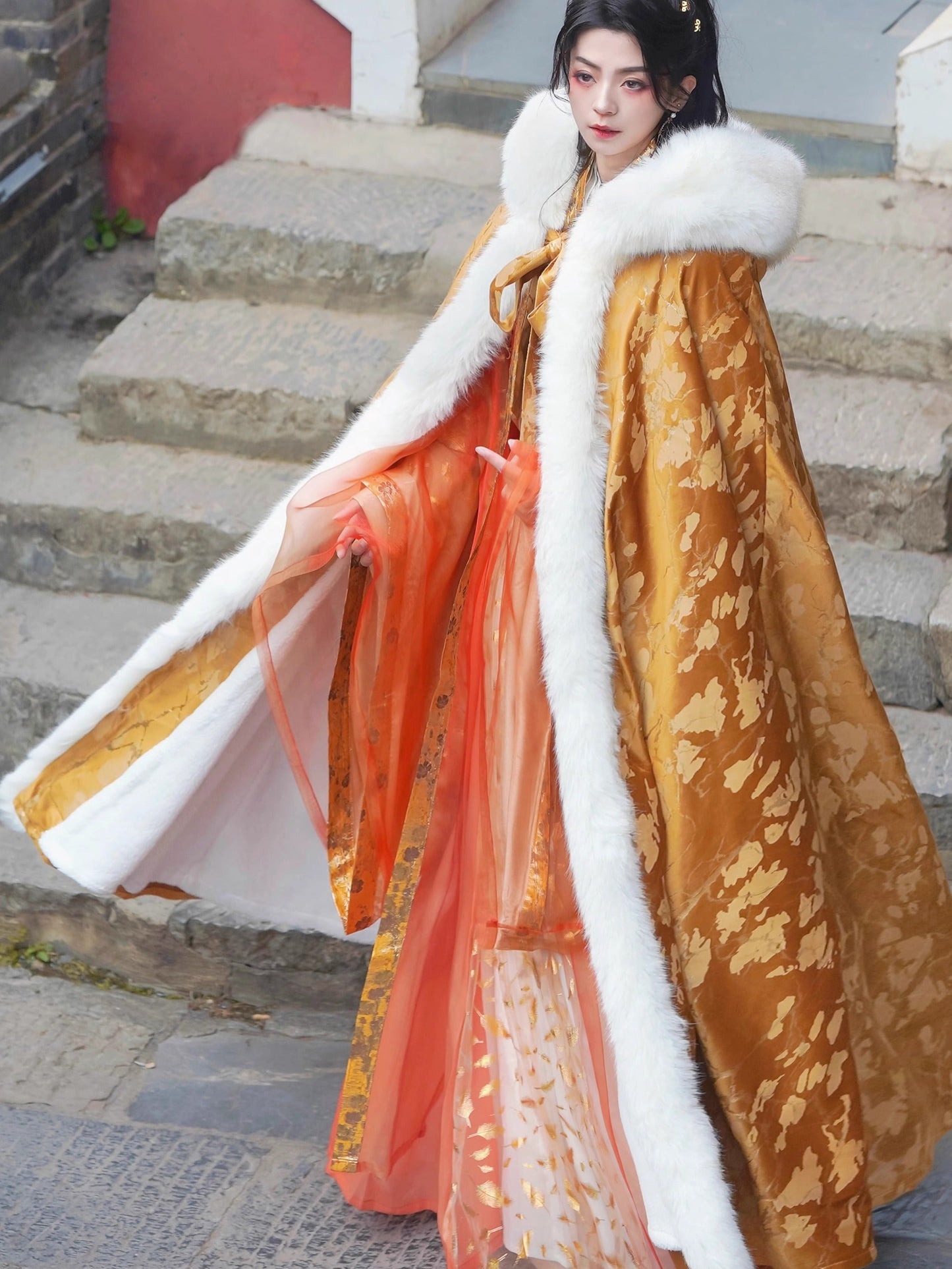 Embossed Gold Velvet Fur Cloak