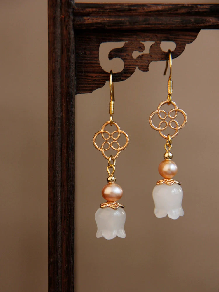 White Jade Lily Chinese Style Earrings