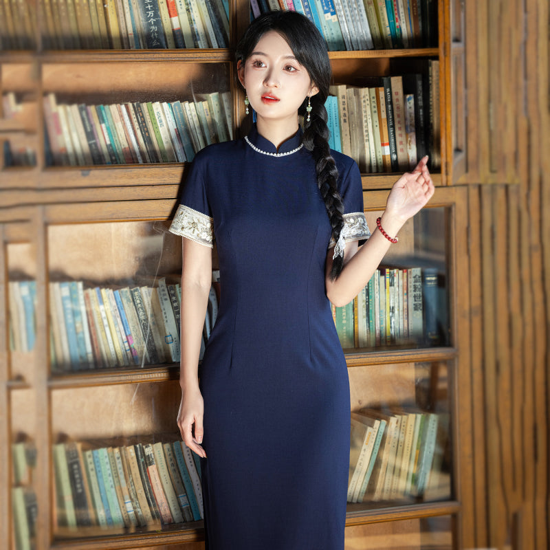 Graduation Season 毕业季 - Short Sleeve Blue Midi Cheongsam
