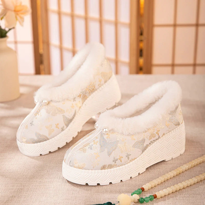 Mary - Furry Brocade Hanfu Shoes for Winter