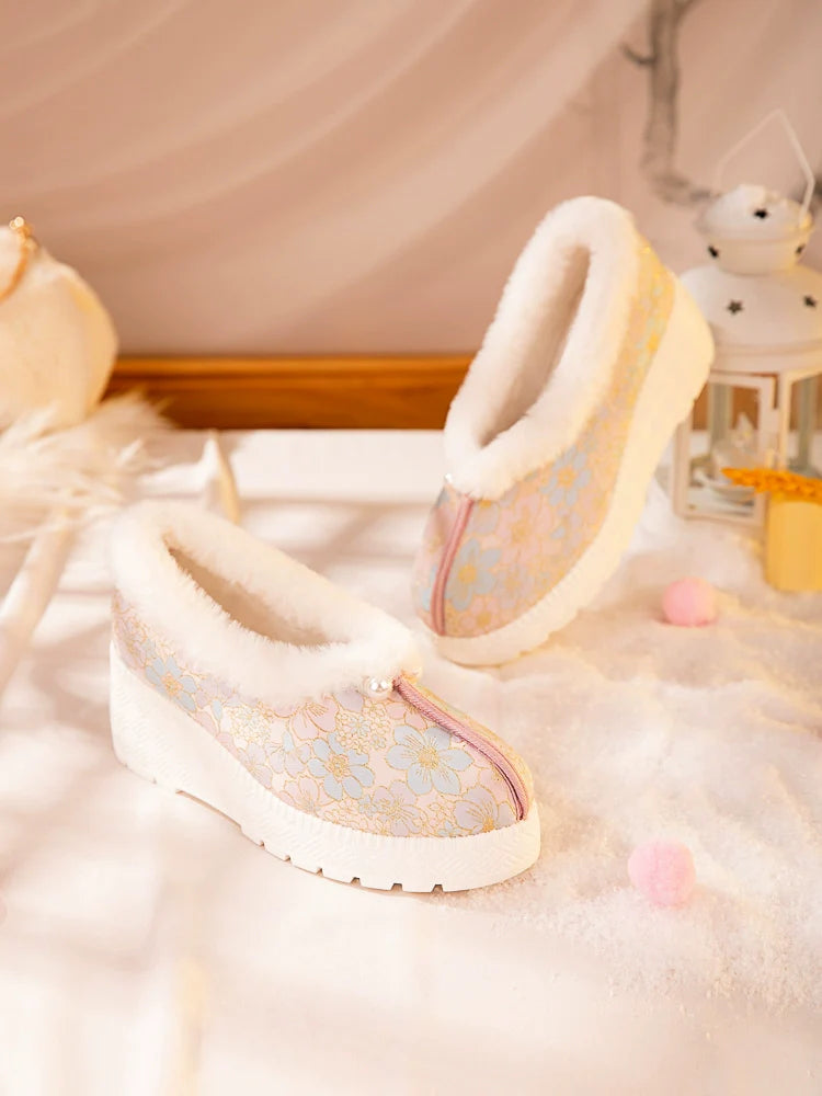 Mila - Furry Brocade Hanfu Shoes for Winter