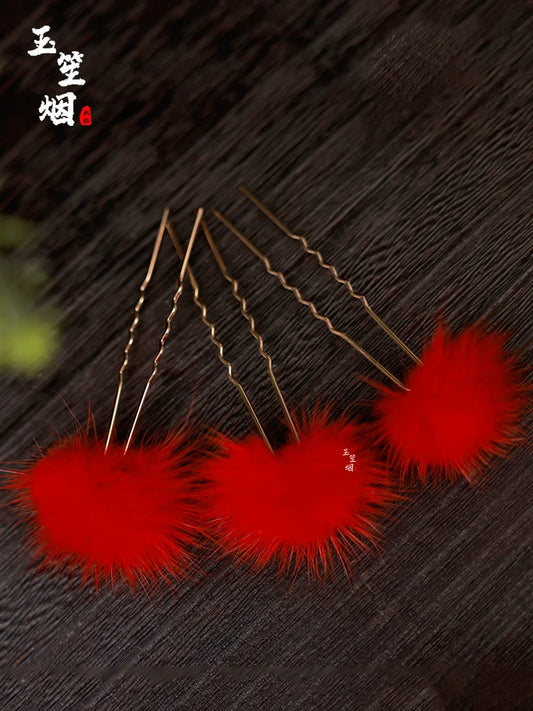 Hair Pins: Red Furballs