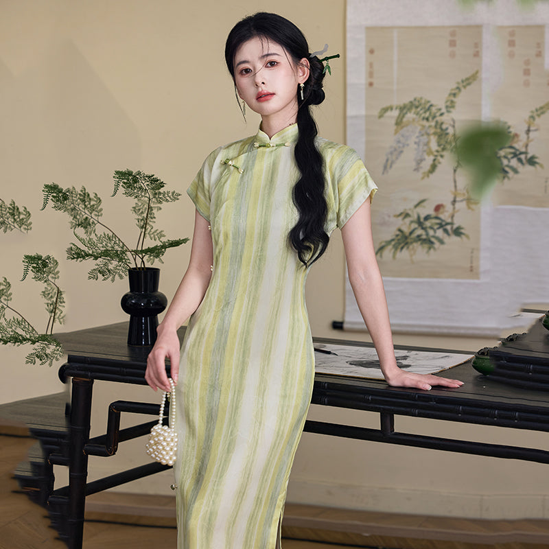Light and Dust 和光同尘 - Short Sleeve Retro Stripes Long Cheongsam