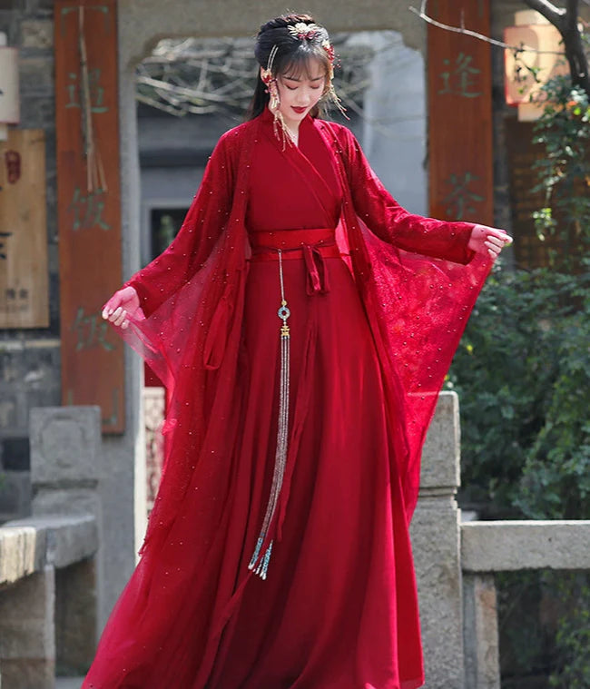 WJNS Dynasties Hanfu - Cross Collar Jiaoling Ruqun in Scarlett