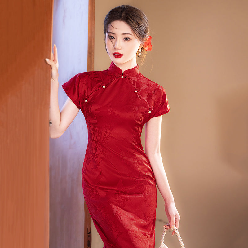 Zhao Yuan 昭愿 - Short Sleeve Satin Pink Long Cheongsam