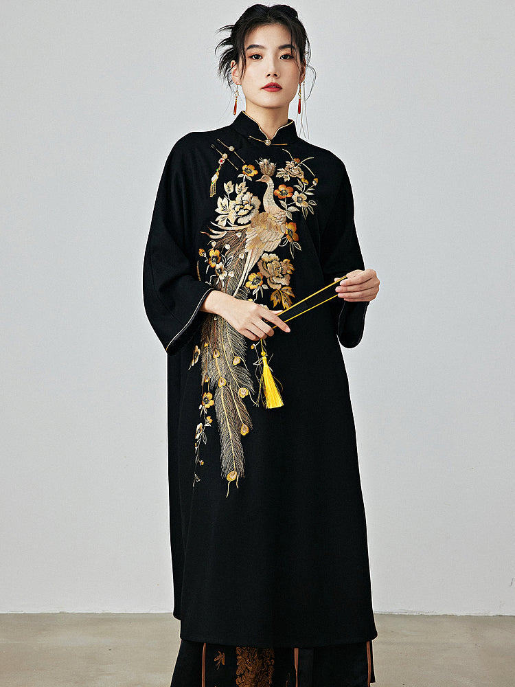 Golden Phoenix - Wool Cheongsam Dress for Autumn and Winter