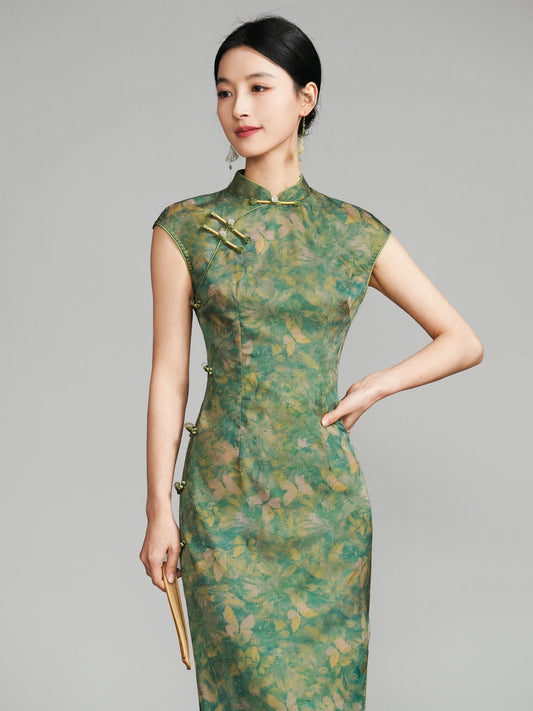 Green Butterfly Dream 绿蝶幽梦 - Sleeveless Retro Long Cheongsam