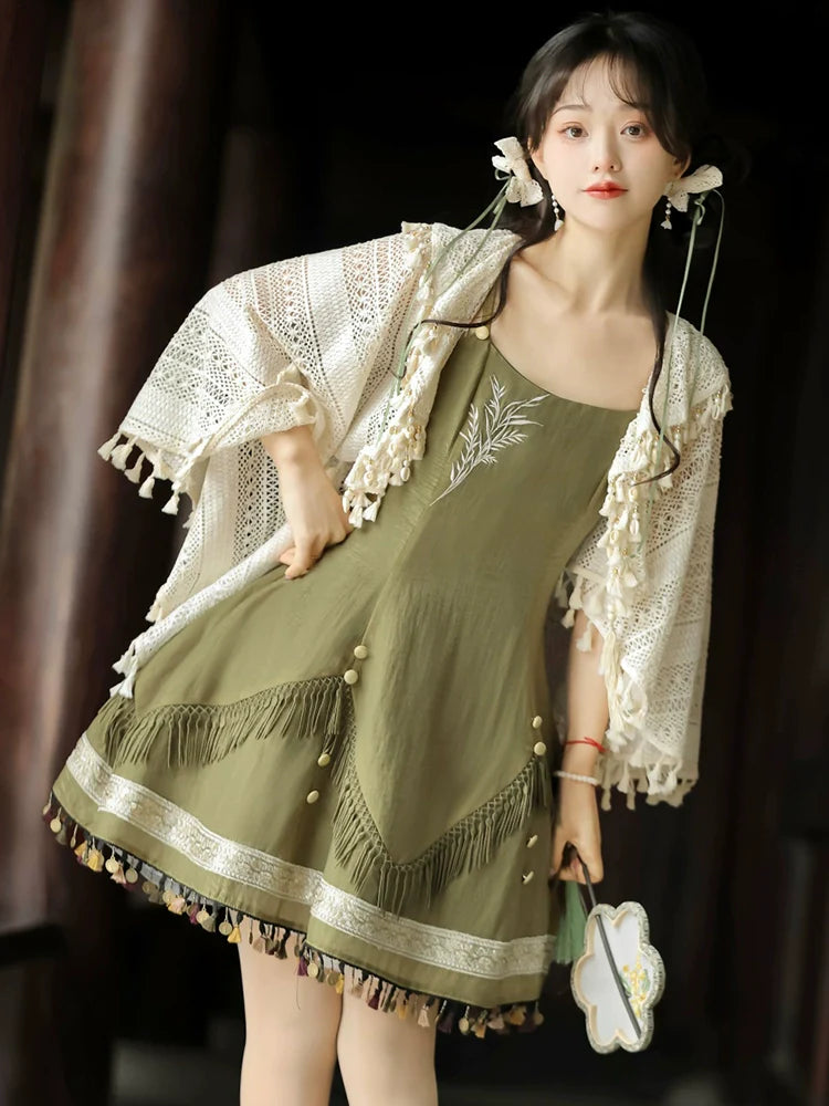 Qi Lolita Ming Dynasty Hanfu Cottage Inspired Dress, Rusty Green